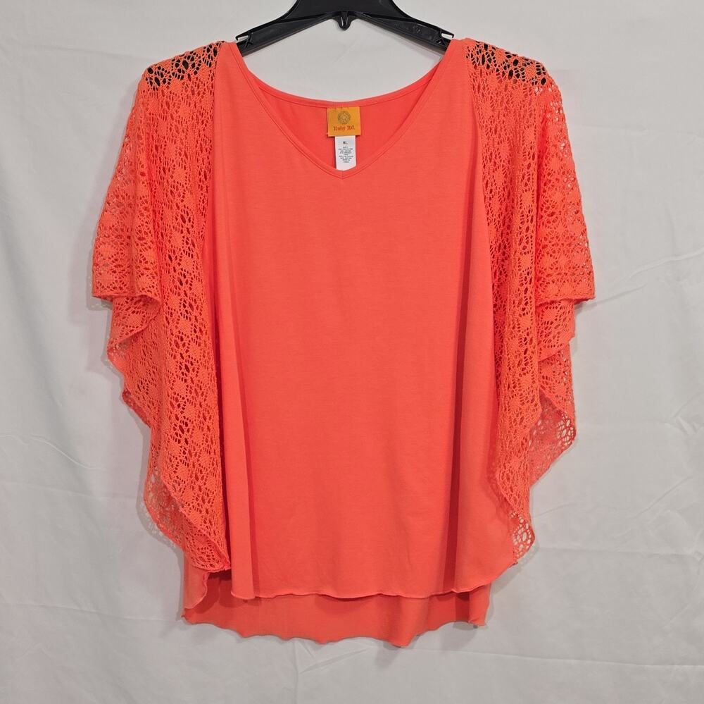 Ruby Rd. Womens XL Coral Solid Lace Accent V-Neck Short Sleeve Top